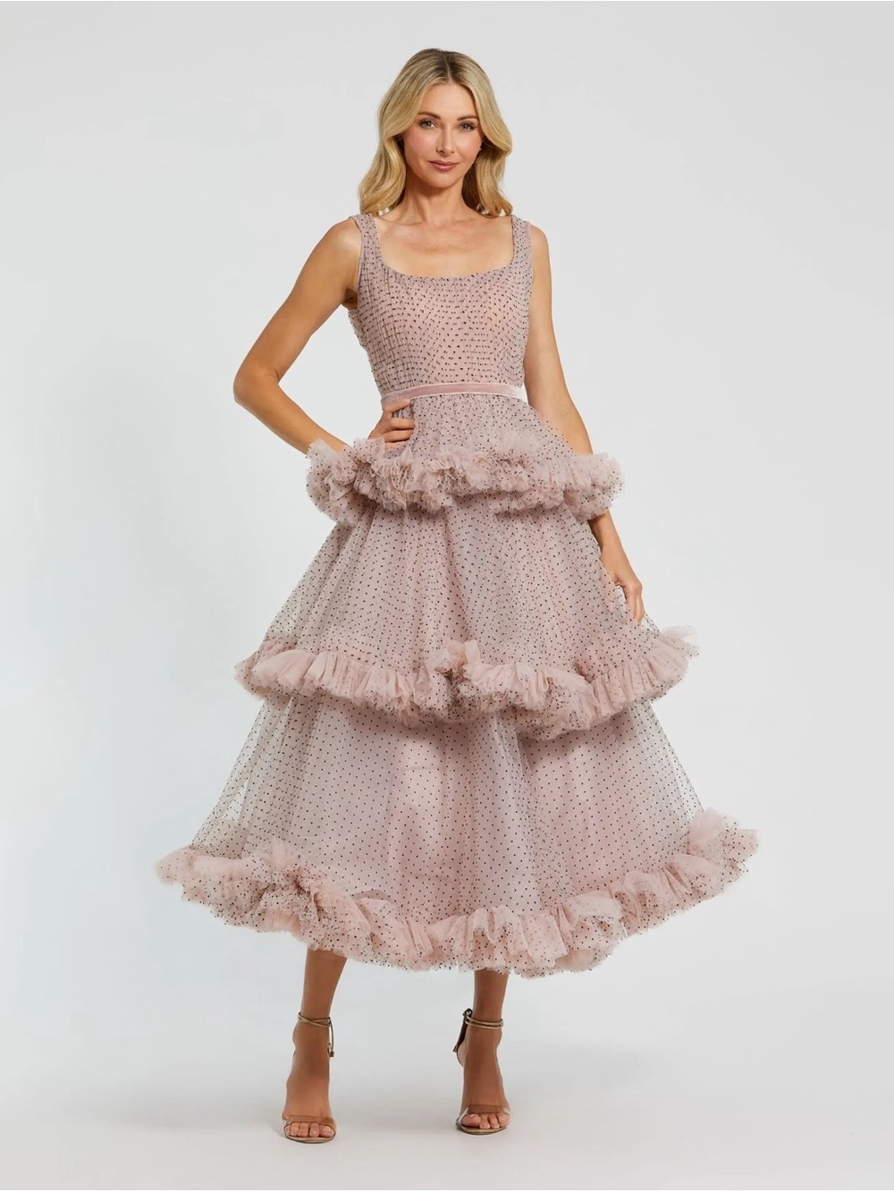 Mac Duggal 20776 Pink Sleeveless Dot Net Ruffle Dress Size 10 NWT